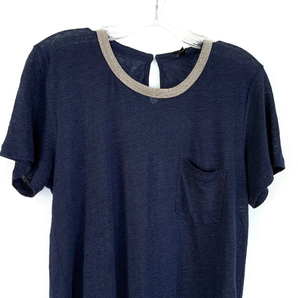 New J. Crew Navy Linen Embellished Collar Short Sleeve Tee Sz M - Picture 6 of 16